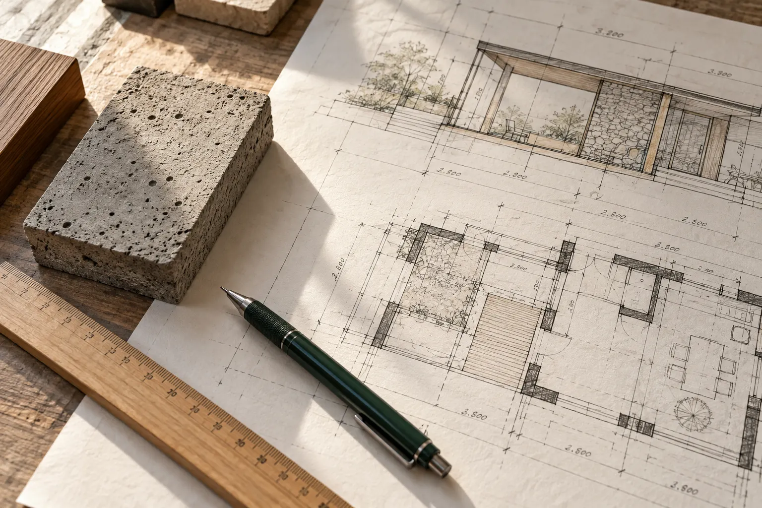 Imagen ilustrativa de un plano y una muestra de material